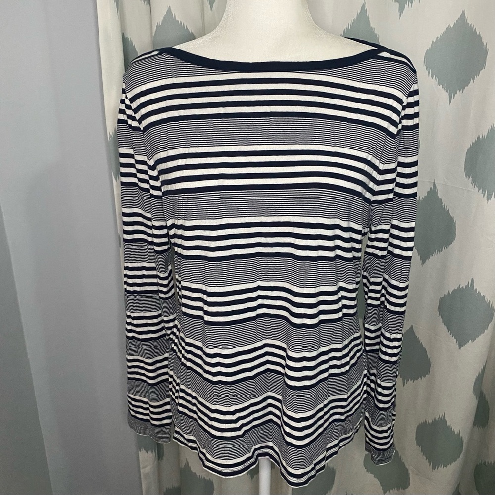 Joan Vass Studio Navy Stripes Boat Neck Tee - XL